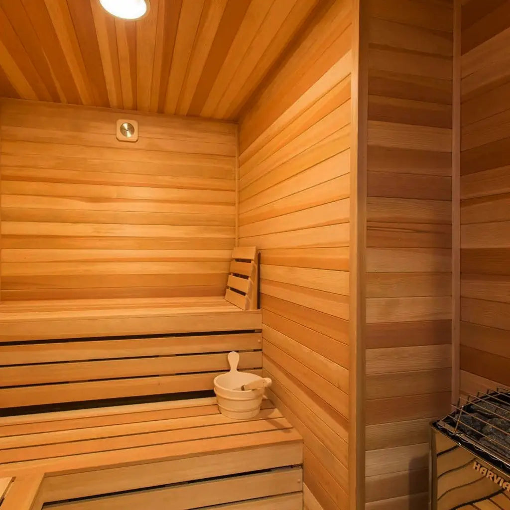 Custom Indoor Sauna Room - 3' x 4' x 8' - Finnish Sauna Builders Western Red Cedar / No Accessories / No Heater,Western Red Cedar / No Accessories / Harvia KIP45W 4.5KW WiFi with Heater Stones,Western Red Cedar / No Accessories / HUUM Cliff Mini 3.5KW WiF