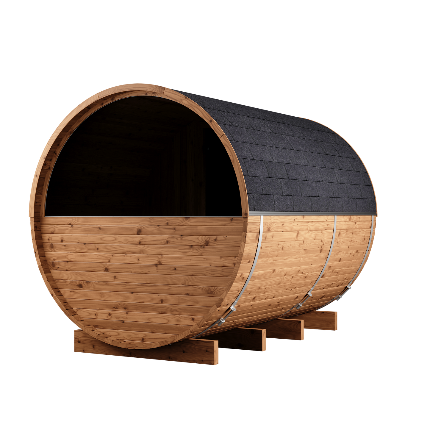 Thermory 4 Person Barrel Sauna No 80 DIY Kit with Changing Room and Window Thermally Modified Spruce Thermory Left.png