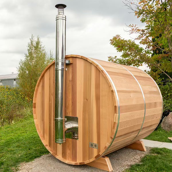 Dundalk Serenity Barrel Sauna - 6'6" x 6'6" Dundalk LeisureCraft M3_Exterior_chimney_d0b91b4e-cb0b-43a2-8ccc-f5e58b6f1785.heic