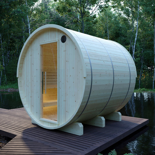 Vassa 6 Person 2 Tier Finnish Barrel Sauna with Heater - By Finnish Barrel Saunas Nordic Spruce / No Terrace Finnish Barrel Saunas 28D848A5-12F3-4749-9E3C-73BF8B46F2DC.jpg