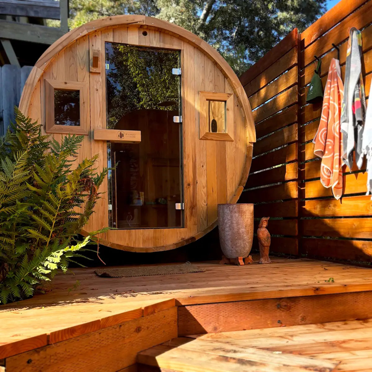 Barrel Outdoor Sauna - 6 Person w/ Harvia KIP 8kW Wi-Fi Heater Redwood Outdoors BarrelOutdoorSauna-6Personw_HarviaKIP8kWWi-FiHeaterbyRedwoodOutdoors_3.webp