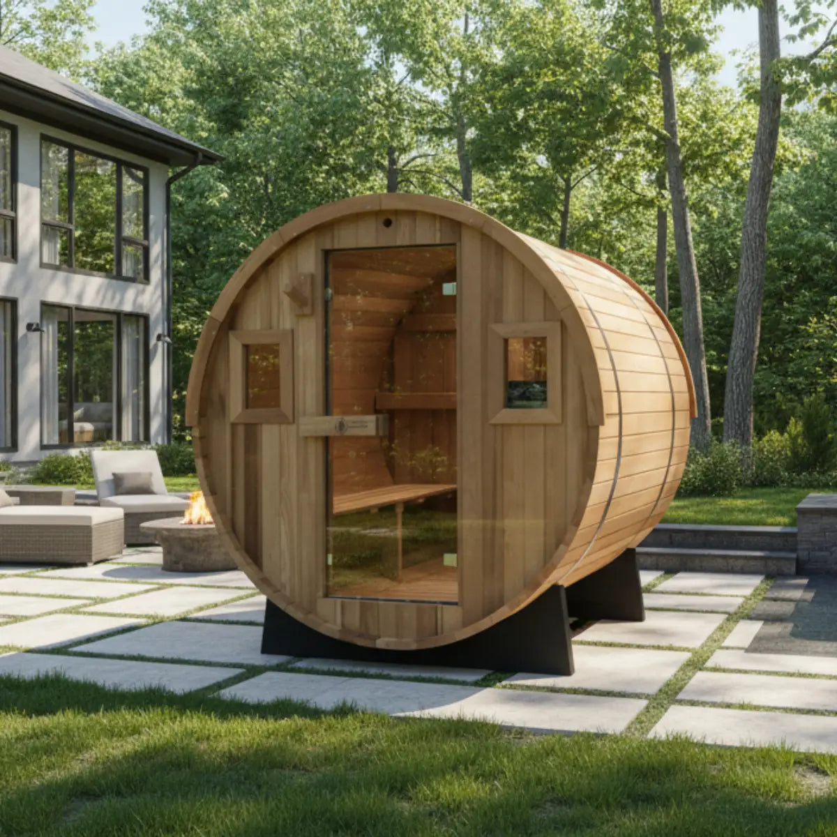 Barrel Outdoor Sauna - 6 Person w/ Harvia KIP 8kW Wi-Fi Heater by Redwood Outdoors