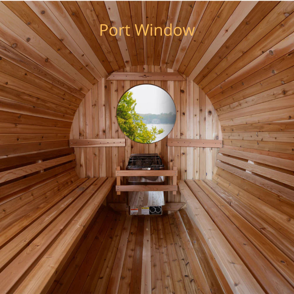 Almost Heaven Vienna 4+1 Canopy Barrel Sauna (2-Person) Rustic Cedar,Onyx - Stained Southern Pine Almost Heaven Sauna Barrel_Port_Window_35260b14-7de3-4786-80e5-294c74feb3cf.webp