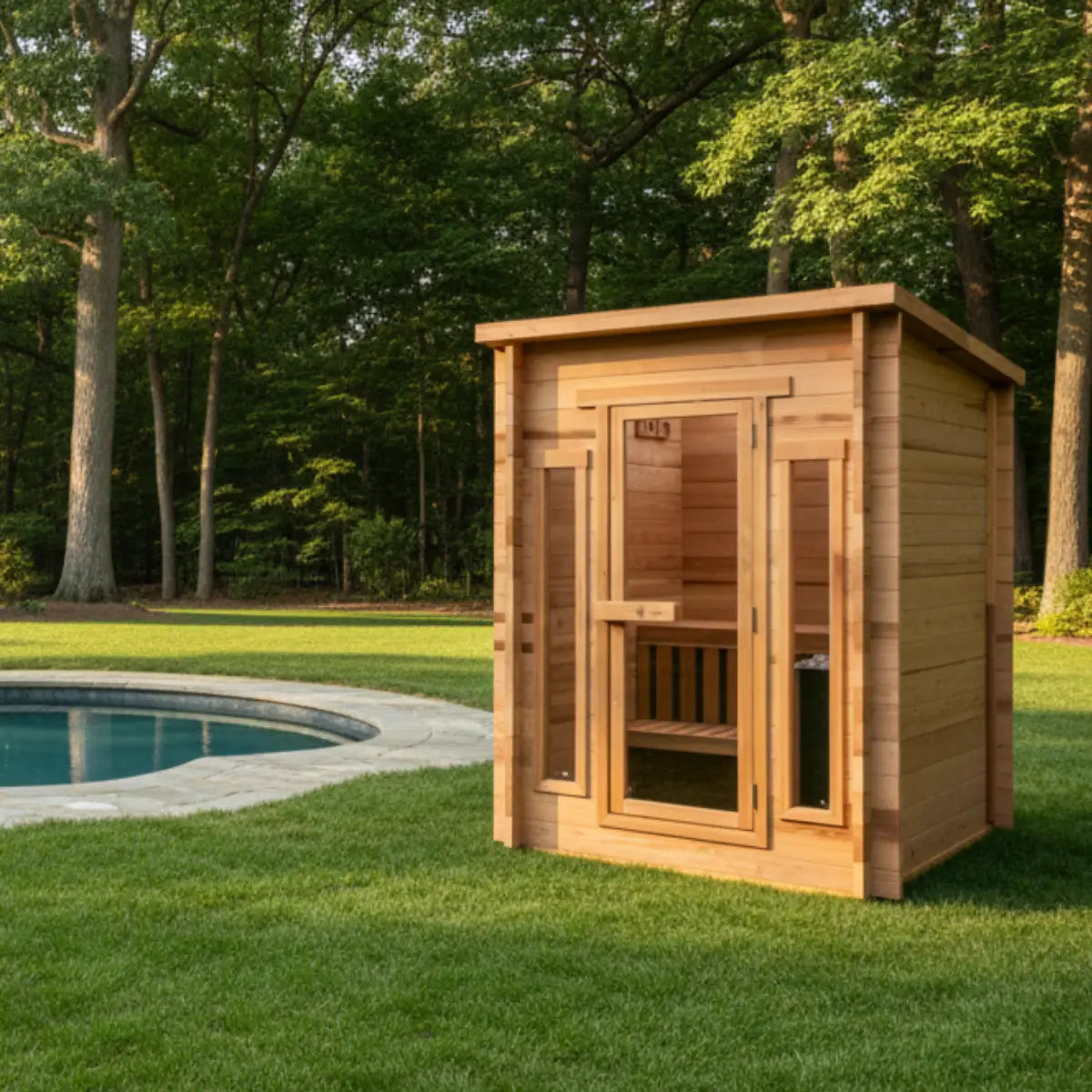 Cabin Outdoor Sauna - 4 Person w/ Harvia KIP 8kW Wi-Fi Heater Redwood Outdoors Cabin_Outdoor_Sauna_-_4_Person_w__Harvia_KIP_8kW_Wi-Fi_Heater_1.webp