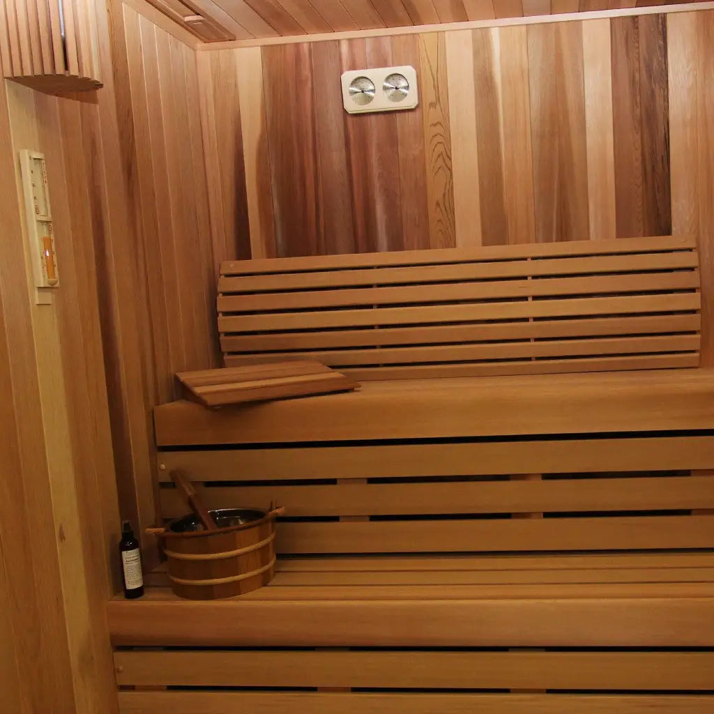 Custom Indoor Sauna Room - 3' x 4' x 8' - Finnish Sauna Builders Western Red Cedar / No Accessories / No Heater,Western Red Cedar / No Accessories / Harvia KIP45W 4.5KW WiFi with Heater Stones,Western Red Cedar / No Accessories / HUUM Cliff Mini 3.5KW WiF