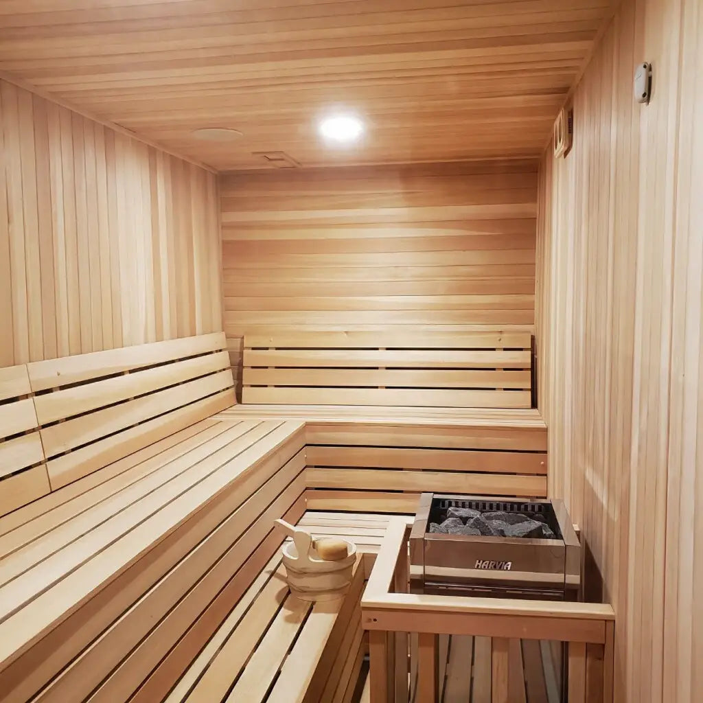 Custom Indoor Sauna Room - 3' x 4' x 8' - Finnish Sauna Builders Western Red Cedar / No Accessories / No Heater,Western Red Cedar / No Accessories / Harvia KIP45W 4.5KW WiFi with Heater Stones,Western Red Cedar / No Accessories / HUUM Cliff Mini 3.5KW WiF