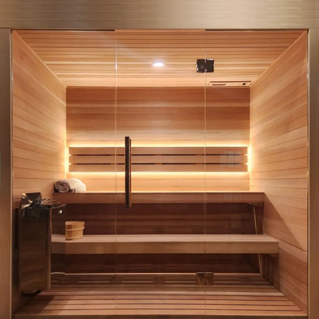 Custom Indoor Sauna Room - 3' x 4' x 8' - Finnish Sauna Builders Western Red Cedar / No Accessories / No Heater,Western Red Cedar / No Accessories / Harvia KIP45W 4.5KW WiFi with Heater Stones,Western Red Cedar / No Accessories / HUUM Cliff Mini 3.5KW WiF