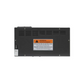 Black electrical component with warning label on a white background