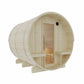 Wooden barrel sauna with a door on a white background