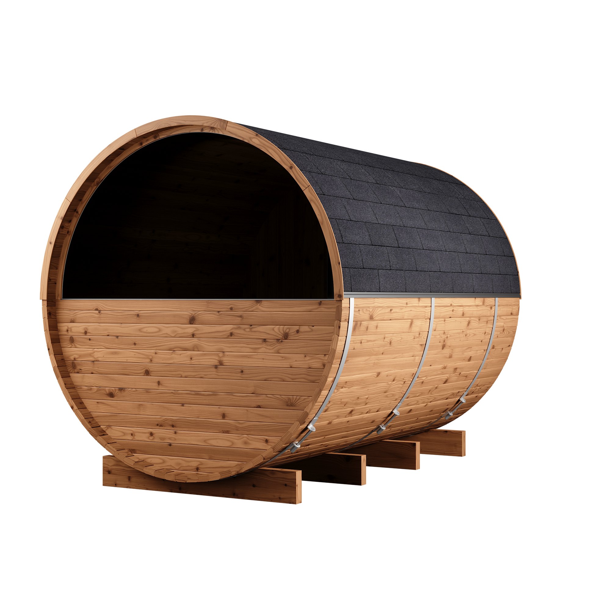 Thermory 6 Person Barrel Sauna No 82 DIY Kit with Terrace and Window Thermally Modified Spruce Thermory Left_23f6d981-a7bd-4f89-aeaf-8b667ef9efa1.png