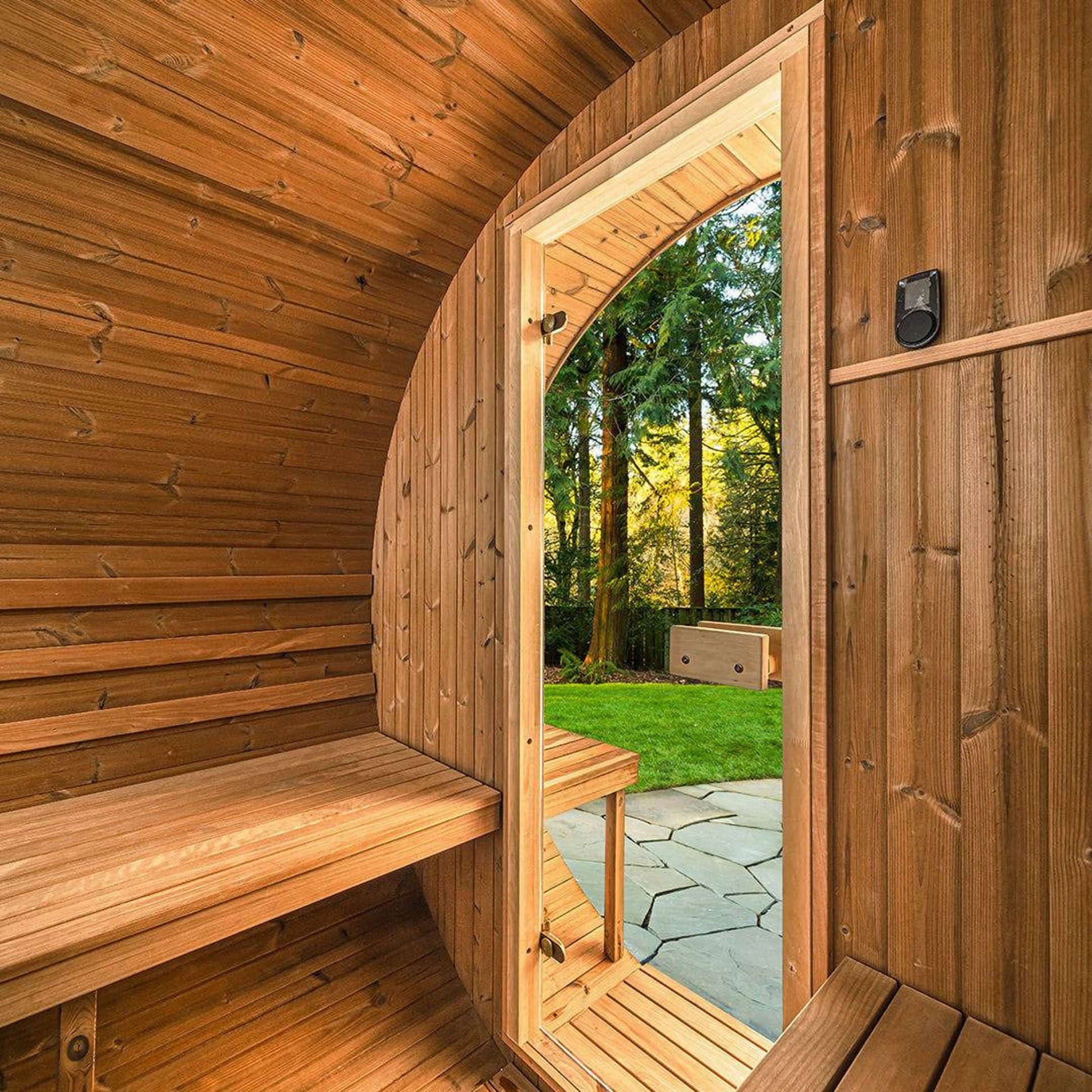 Thermory Barrel Sauna 60 DIY Kit with Porch and Window 4 Person Sauna Builder Thermally Modified Spruce Thermory No60-Interior2_cb146f25-e7b9-406a-b0c9-de3cbc45ab93.jpg