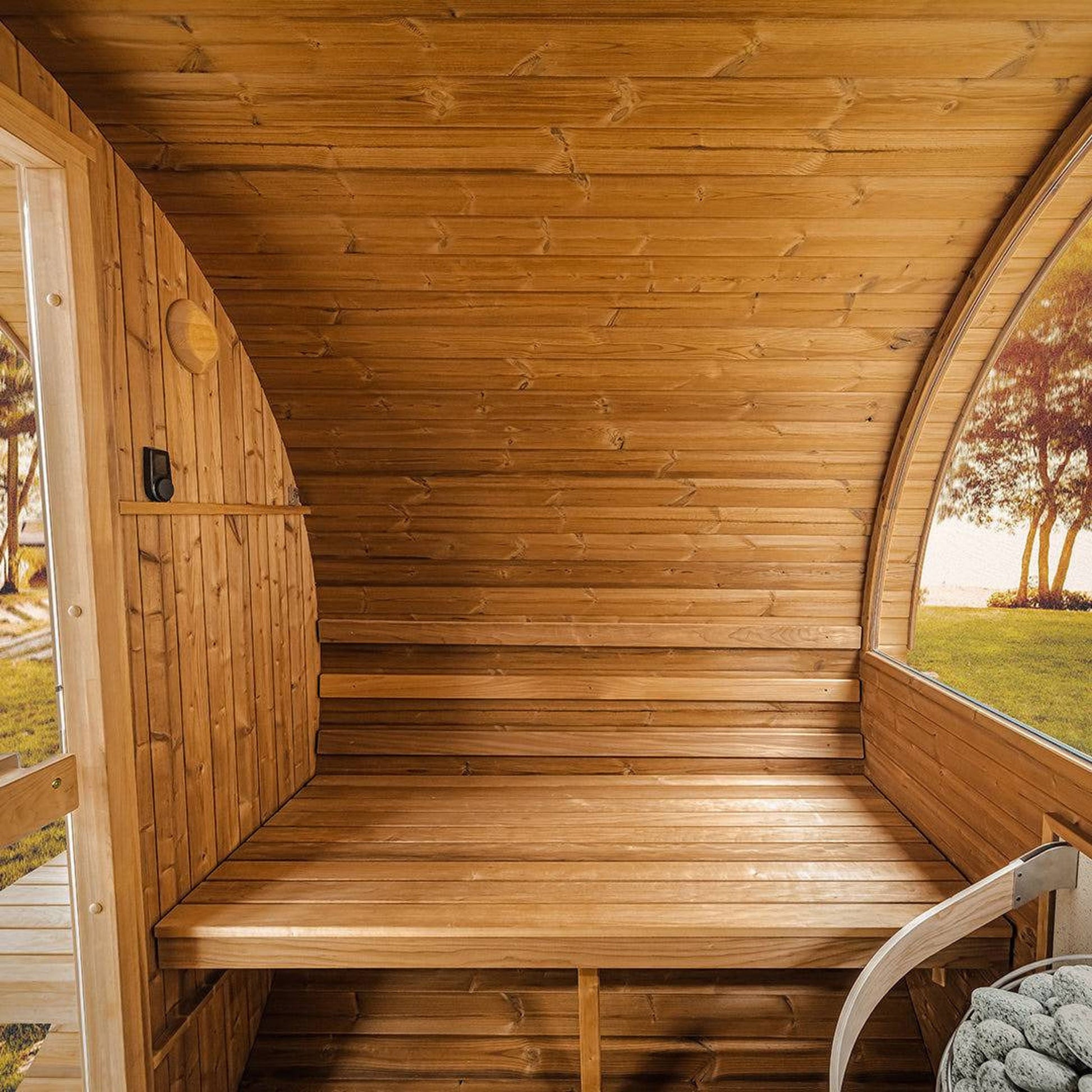 Thermory Barrel Sauna 60 DIY Kit with Porch and Window 4 Person Sauna Builder Thermally Modified Spruce Thermory No60-Interior3_829e6a1d-0622-40d8-9603-e7a7feebc6db.jpg
