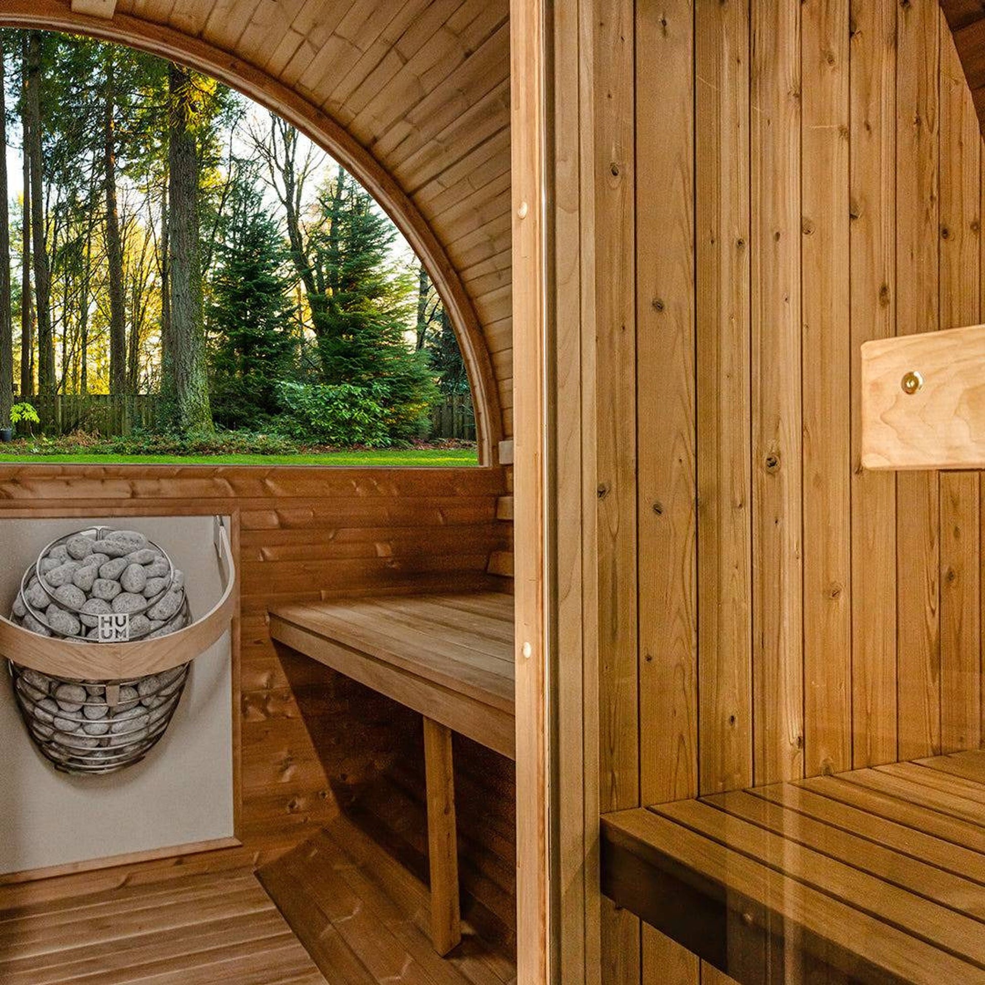 Thermory Barrel Sauna 60 DIY Kit with Porch and Window 4 Person Sauna Builder Thermally Modified Spruce Thermory No60-Interior4_32b1784f-d312-4f26-a08e-1bcf6a400d5a.jpg