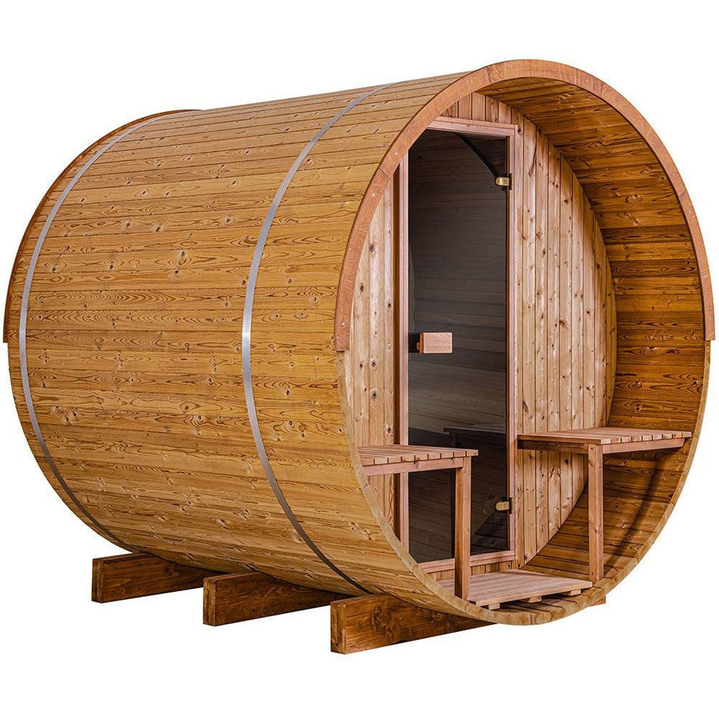 Thermory Barrel Sauna 60 DIY Kit with Porch and Window 4 Person Sauna Builder Thermally Modified Spruce Thermory No60_FrontCorner_75753b06-c059-4fc4-ae0f-f6230aeebc50.jpg