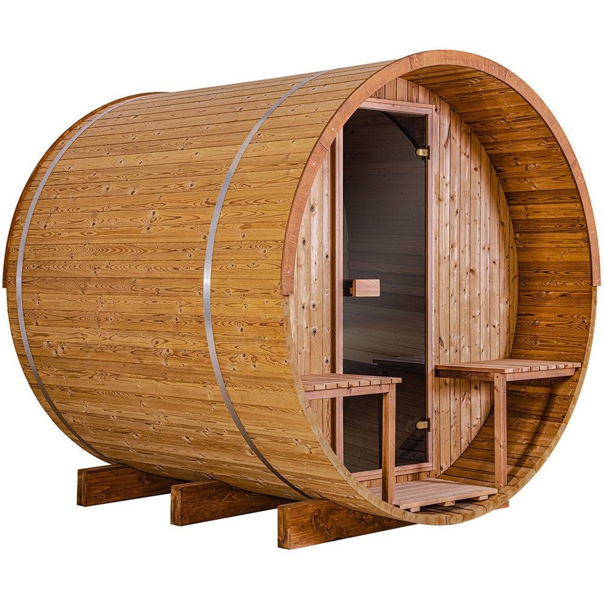 Thermory Barrel Sauna 60 DIY Kit with Porch and Window 4 Person Sauna Builder Thermally Modified Spruce Thermory No60_FrontCorner_75753b06-c059-4fc4-ae0f-f6230aeebc50.jpg