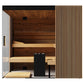 Wooden sauna with bench and striped wall