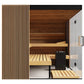 Wooden sauna with benches and a glass door