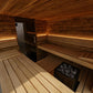 Wooden sauna interior with benches and glowing lights.