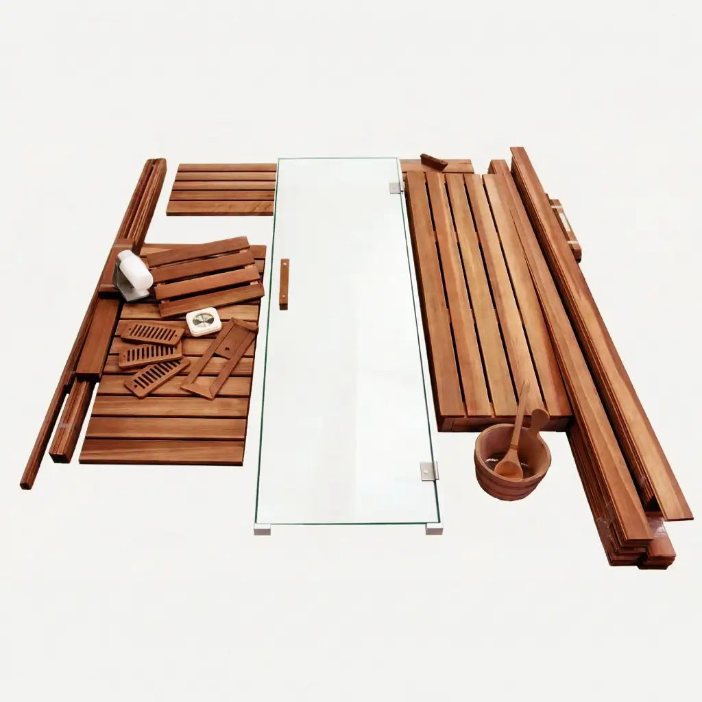 Custom Indoor Sauna Room - 3' x 4' x 8' - Finnish Sauna Builders Thermo Aspen / Alder / No Accessories / No Heater,Thermo Aspen / Alder / No Accessories / Harvia KIP45B 4.5KW with Built-in Control and Heater Stones,Thermo Aspen / Alder / No Accessories / 