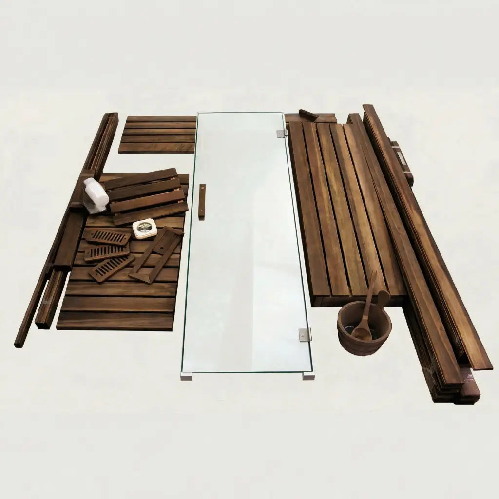 Custom Indoor Sauna Room - 3' x 4' x 8' - Finnish Sauna Builders Thermo Poplar / No Accessories / No Heater,Thermo Poplar / No Accessories / Harvia KIP45B 4.5KW with Built-in Control and Heater Stones,Thermo Poplar / No Accessories / Harvia KIP45W 4.5KW W