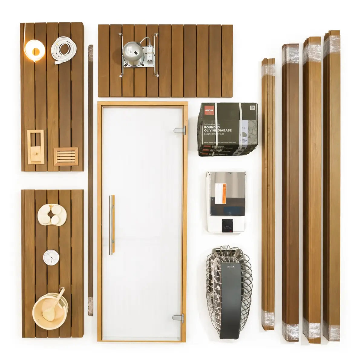 Custom Indoor Sauna Room - 3' x 4' x 8' - Finnish Sauna Builders Thermo Poplar / No Accessories / No Heater,Thermo Poplar / No Accessories / Harvia KIP45W 4.5KW WiFi with Heater Stones,Thermo Poplar / No Accessories / HUUM Cliff Mini 3.5KW WiFi with Heate