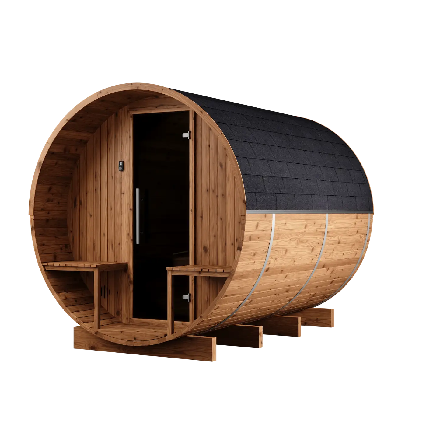 Thermory 6 Person Barrel Sauna No 83 DIY Kit with Terrace Thermally Modified Spruce Thermory Thermory_6_Person_Barrel_Sauna_No_83_DIY_Kit_with_Terrace_01.webp