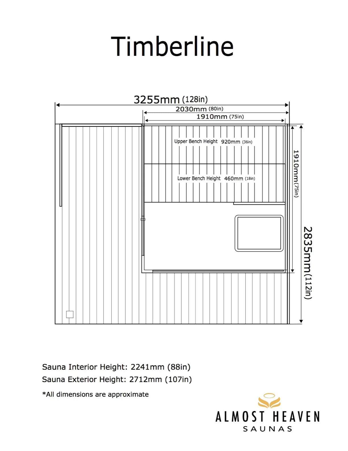 Almost Heaven Contemporary Timberline 6 Person Cabin Sauna Almost Heaven Sauna TimberlineDimensions.webp