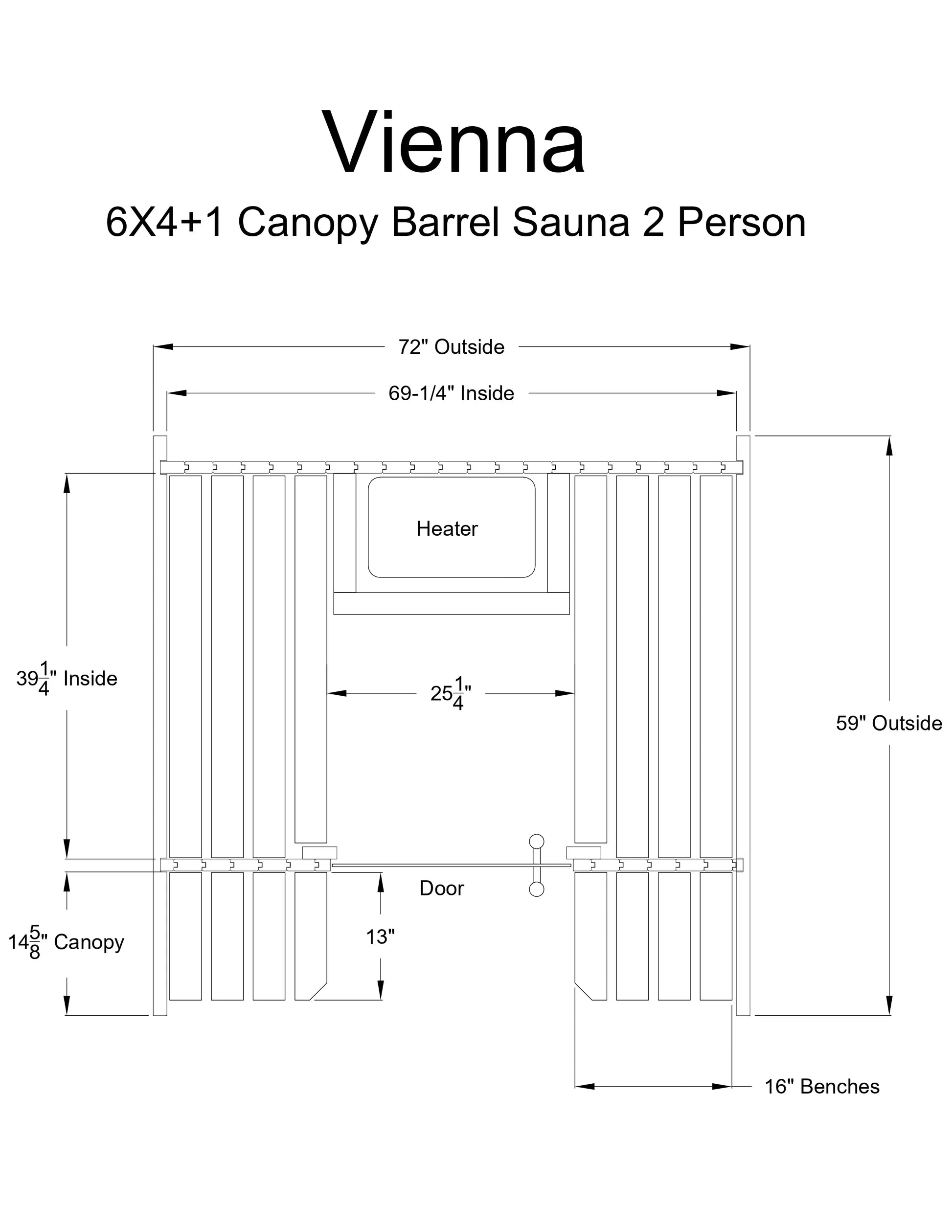 Almost Heaven Vienna 4+1 Canopy Barrel Sauna (2-Person) Rustic Cedar,Onyx - Stained Southern Pine Almost Heaven Sauna ViennaLayoutDrawing.webp