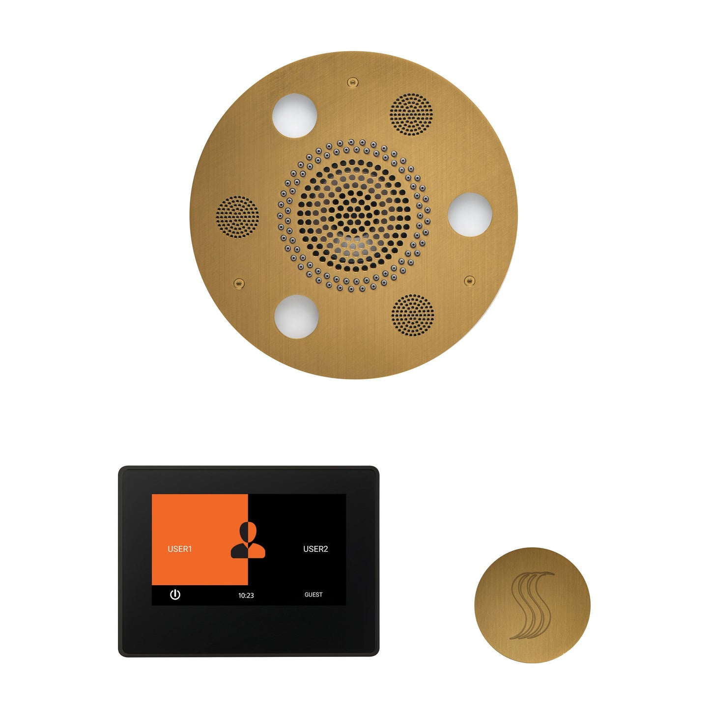 Day Spa Multi Room Steam System ThermaTouch2 7" (Black Trim) / Tier 4 — Wellness Steam Package (Serenity Rainhead) / Antique Brass — Round Rainhead Thermasol wstp7r-ab_889feaed-8316-4359-975a-20ccf5ce4a09.jpg