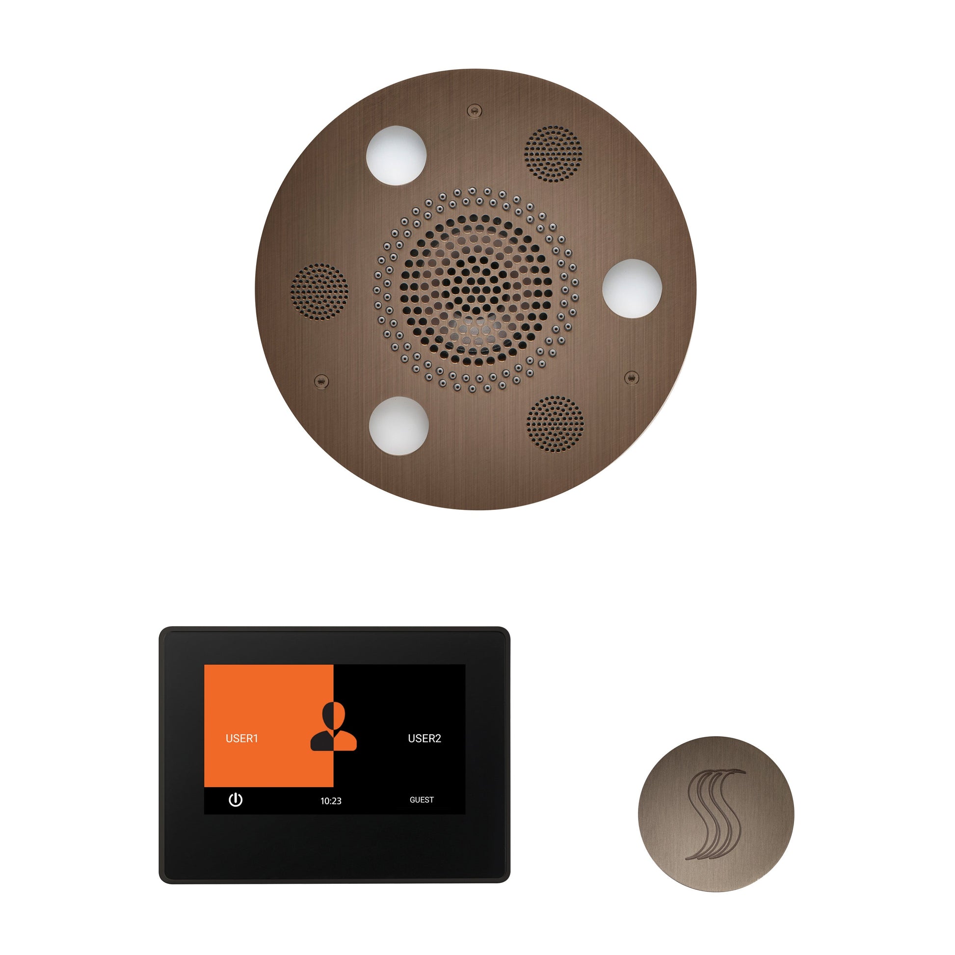 Day Spa Multi Room Steam System ThermaTouch2 7" (Black Trim) / Tier 4 — Wellness Steam Package (Serenity Rainhead) / Antique Copper — Round Rainhead Thermasol wstp7r-acop_abd23679-314d-4cc1-a326-ea41fddf43fb.jpg