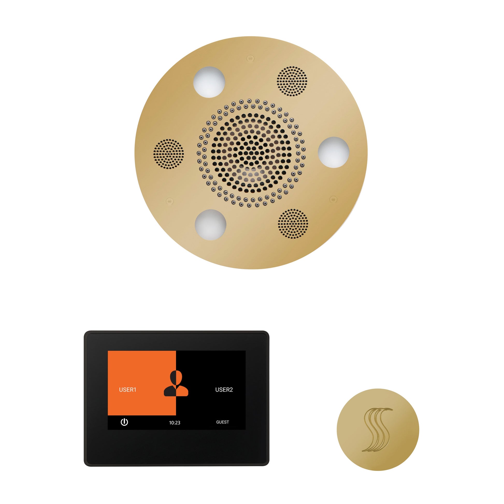 Day Spa Multi Room Steam System ThermaTouch2 7" (Black Trim) / Tier 4 — Wellness Steam Package (Serenity Rainhead) / Polished Brass — Round Rainhead Thermasol wstp7r-pb_2ec8466b-3af6-4da8-a7c2-87d22435c27f.jpg