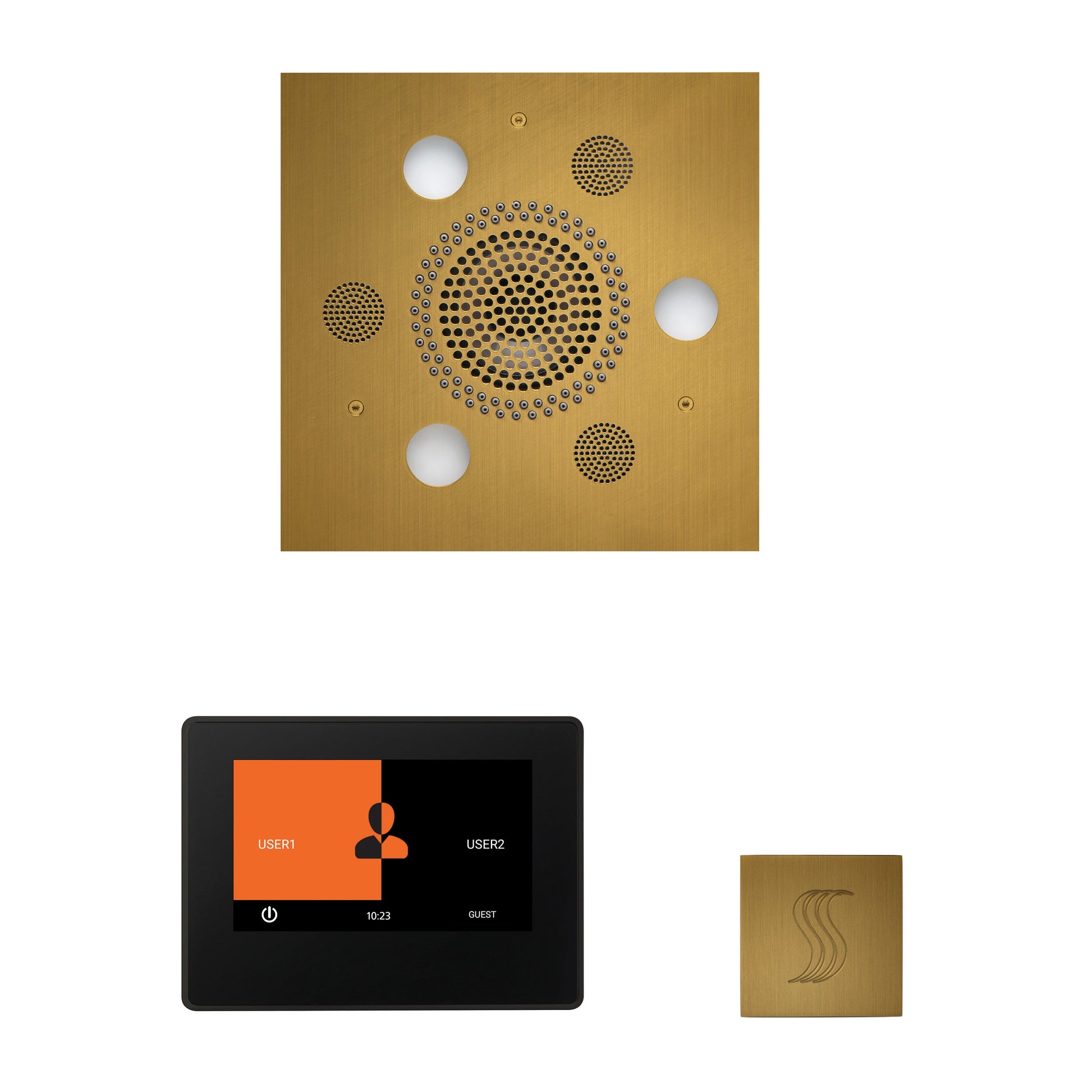 Day Spa Multi Room Steam System ThermaTouch2 7" (Black Trim) / Tier 4 — Wellness Steam Package (Serenity Rainhead) / Antique Brass — Square Rainhead Thermasol wstp7s-ab_add31127-2622-48f6-8bc7-2aca3a8dec73.jpg