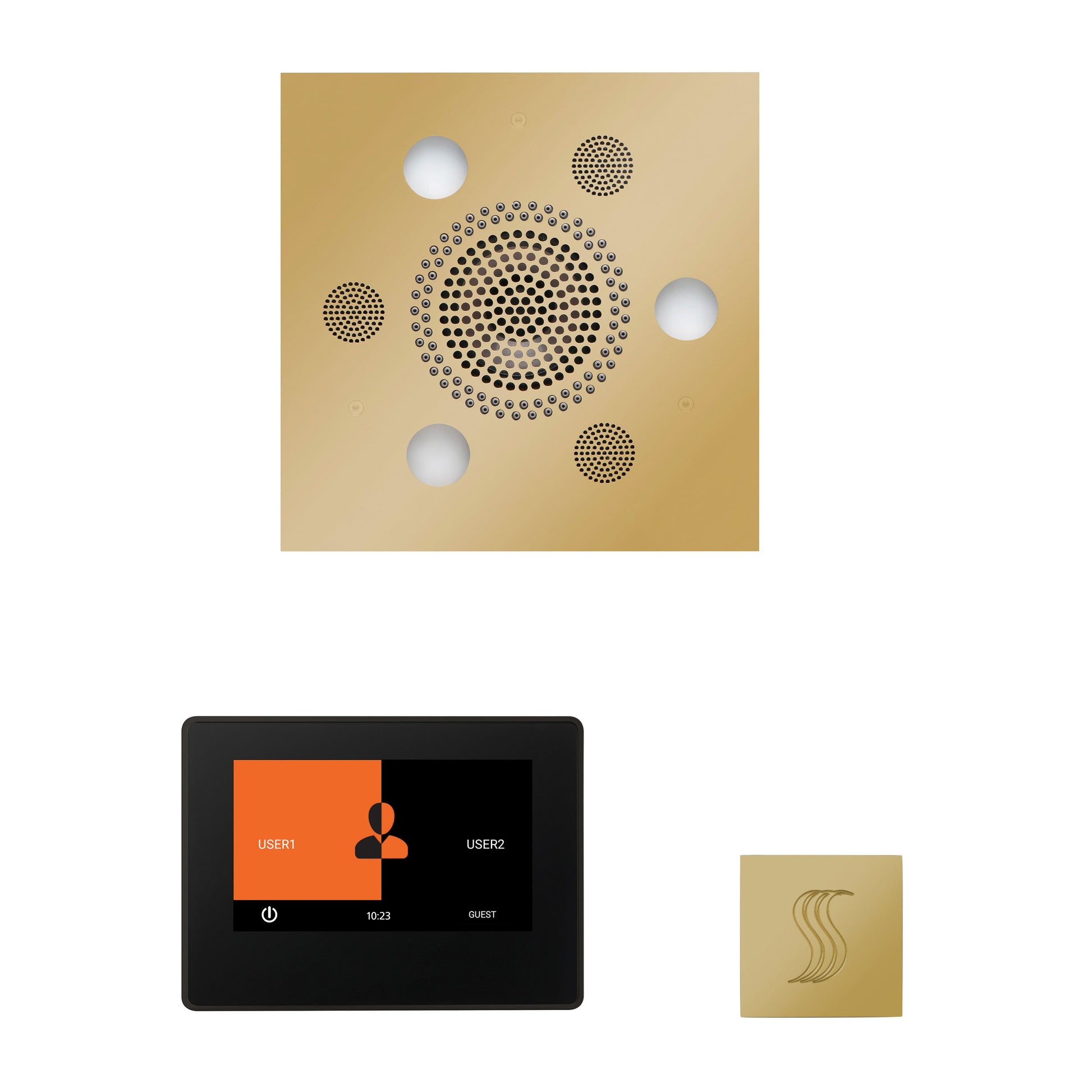 Day Spa Multi Room Steam System ThermaTouch2 7" (Black Trim) / Tier 4 — Wellness Steam Package (Serenity Rainhead) / Polished Brass — Square Rainhead Thermasol wstp7s-pb_5210c63d-fc81-41fe-96a5-574c44714ecc.jpg