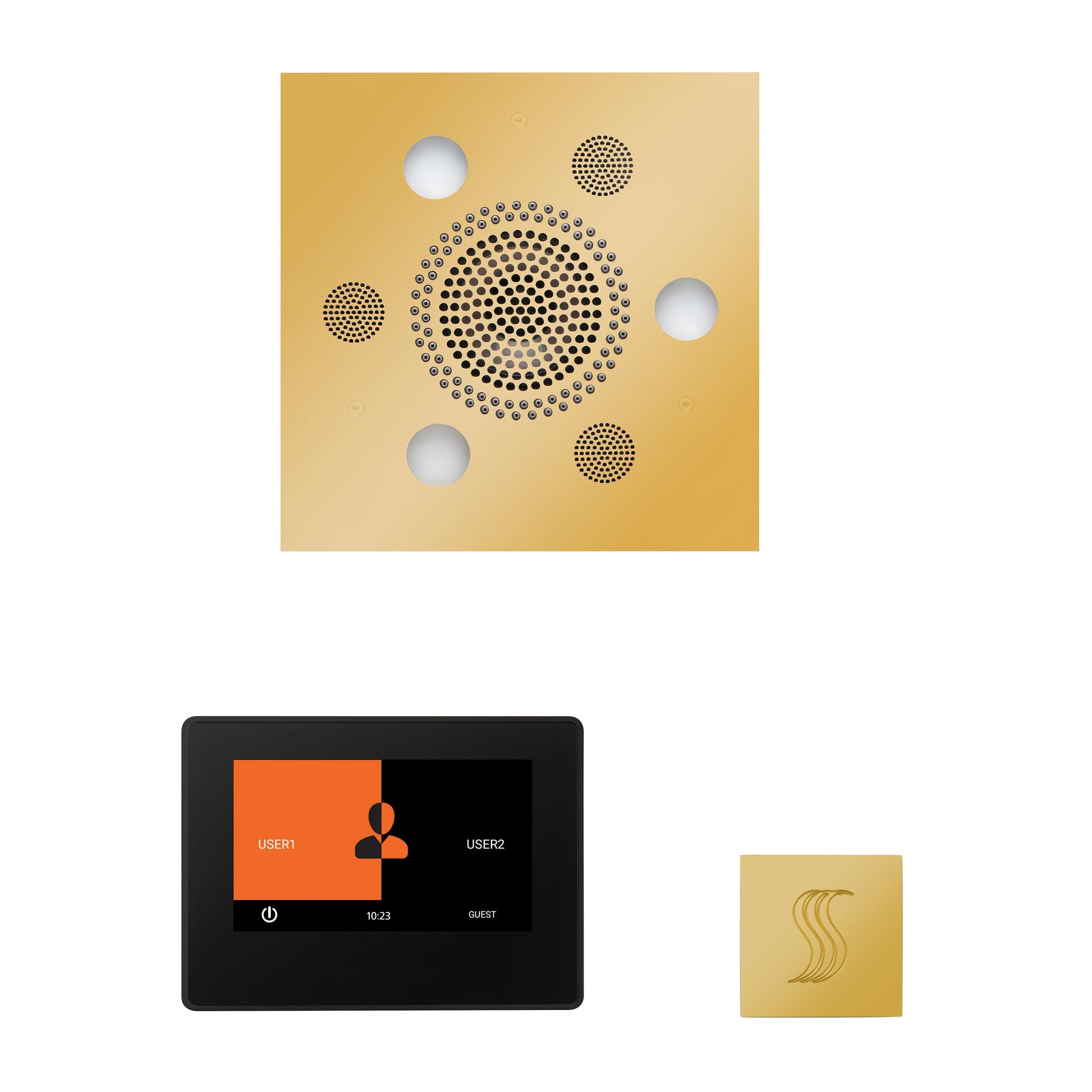 Day Spa Multi Room Steam System ThermaTouch2 7" (Black Trim) / Tier 4 — Wellness Steam Package (Serenity Rainhead) / Polished Gold — Square Rainhead Thermasol wstp7s-pg_4de6a327-6977-4e13-af6c-ef146b326a82.jpg